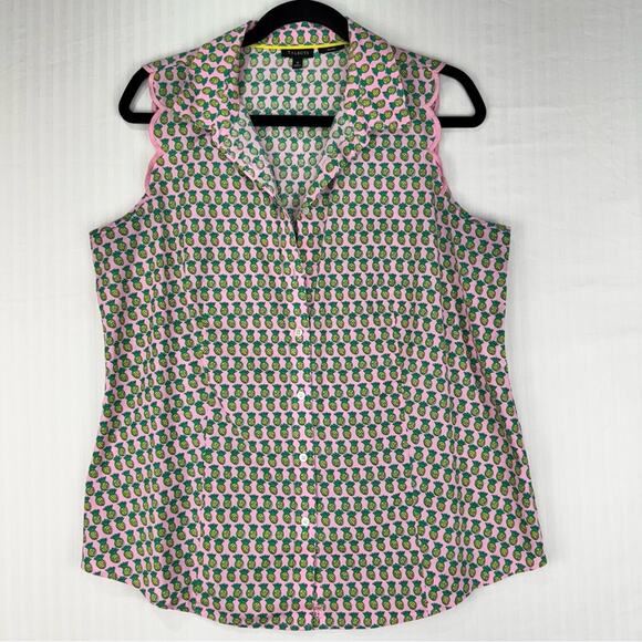Talbots Pink/Green Colorful Pineapple Print Sleeveless Blouse Size 12 Scalloped - Picture 1 of 5